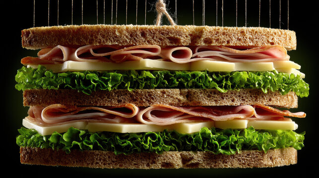 Professional sandwich with layered deli meats, fresh vegetables, cheese on hearty bread, ideal for lunch, snack, or gourmet meal, appealing presentation