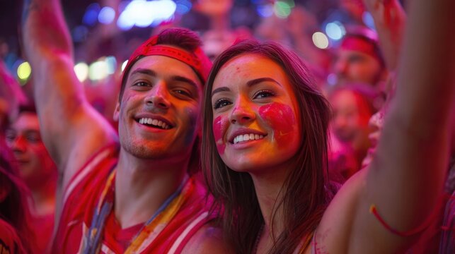 Close-up of Enthusiastic Fans with Team Colors and Foam Finger at Event