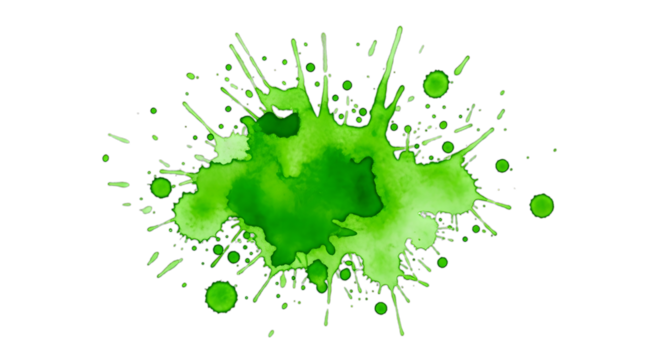 Green watercolor splash and splatter on a white background, abstract art.