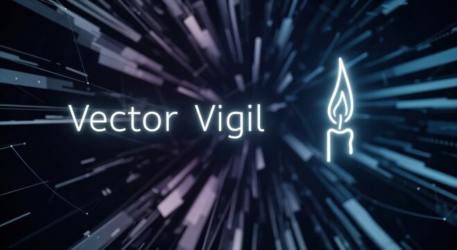 Vector Vigil text with glowing candle icon on an abstract dark digital background with blue and purple light streaks and geometric shapes, representing technology and data