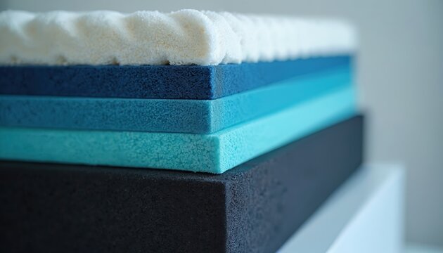 Layered foam mattress pieces stacked, showing different densities and shades of blue and white. Ideal for sleep comfort and material science concepts. Modern bed construction detail.