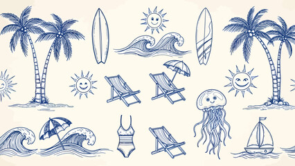 A seamless pattern of hand-drawn blue ink sketches featuring summer beach vacation elements like palm trees, waves, and surfboards. © SAI CREATIVE