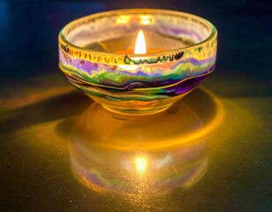 Warm glow of a flickering candle in a beautiful iridescent glass bowl creating a peaceful ambiance
