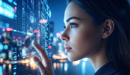 Side view of a woman touching a futuristic holographic user interface screen with data visualization. Concept of smart city technology, business intelligence, and digital innovation at night.