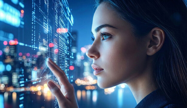 Side view of a woman touching a futuristic holographic user interface screen with data visualization. Concept of smart city technology, business intelligence, and digital innovation at night.
