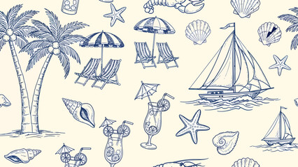 A charming vintage-style illustration of a tropical beach scene with palm trees, lounge chairs, umbrellas, sailboats, and refreshing cocktails. © SAI CREATIVE