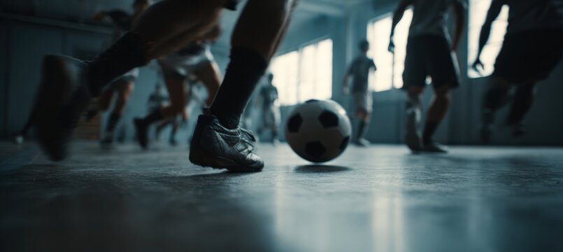 Dynamic Low Angle Shot of Soccer Players in Action with Cinematic Focus