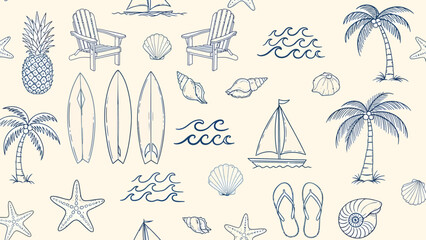 Hand-drawn seamless pattern featuring blue summer beach icons like palm trees, surfboards, and seashells on a light background. © SAI CREATIVE