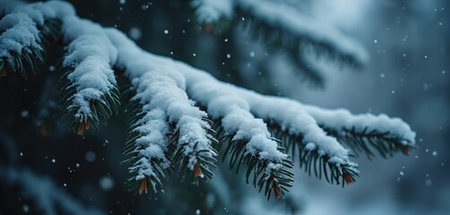 Close up photo shows evergreen tree branch thickly covered in fresh white snow. Delicate snowflakes gently fall down, softly accumulate on vibrant green needles. Cold winter weather creates serene
