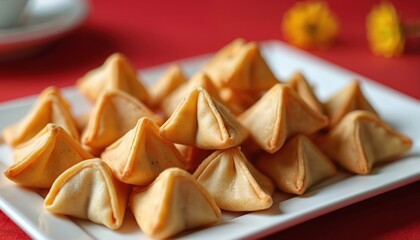 Plate full of golden fortune cookies stacked on a red surface. Each cookie holds a hidden paper message inside predicting good luck and future events.