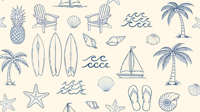 Hand-drawn seamless pattern featuring blue summer beach icons like palm trees, surfboards, and seashells on a light background.