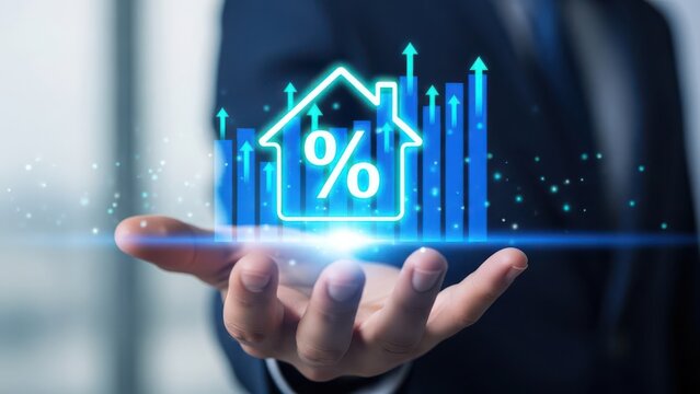 Businessman hand holding glowing house icon with percentage and growth chart