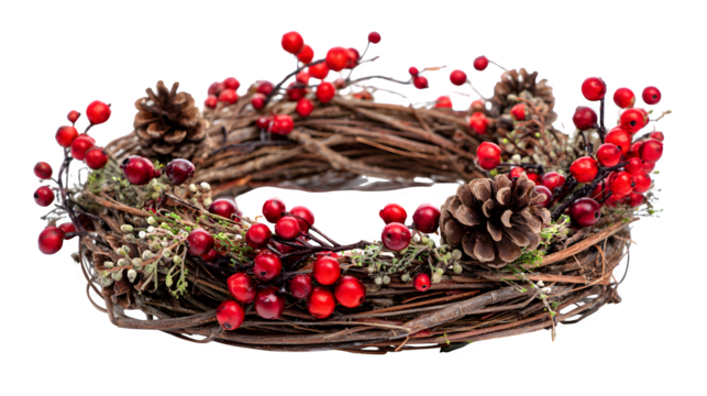 Handmade pine wreath with berries and pinecones in rustic style isolated on white background