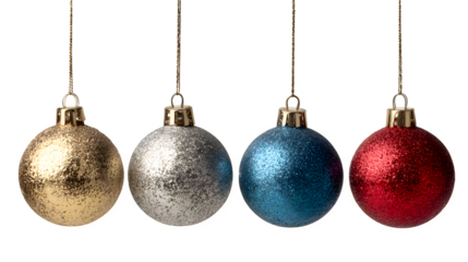 Hanging Christmas baubles in gold, silver, blue, and red hues isolated on white background