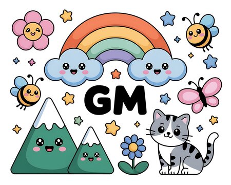 Cute kawaii style illustration featuring a cat rainbow mountains and bees