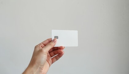 Woman hand holds blank white credit card with EMV chip. Plain card ready for mockup design banking payment concept. Empty space on simple white background allows for text logo addition, showing
