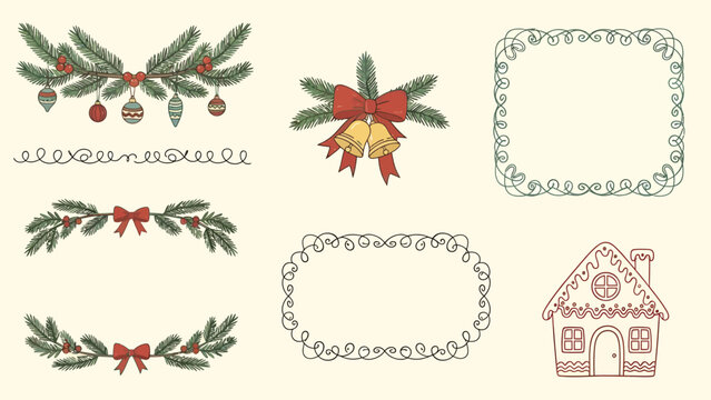 A collection of festive Christmas-themed decorative elements including garlands, borders, and a gingerbread house.