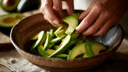 Sliced avocado salad green avocado slices tossed in bowl with hands adding seasoning