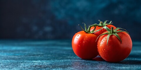 Close up of three vibrant red tomatoes with water droplets on a dark blue surface