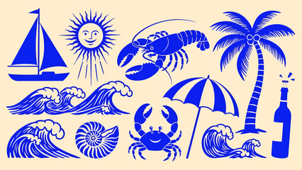Obraz premium A blue summer themed illustration with a sailboat, sun, lobster, palm tree, waves, crab, umbrella, shell, and wine bottle.
