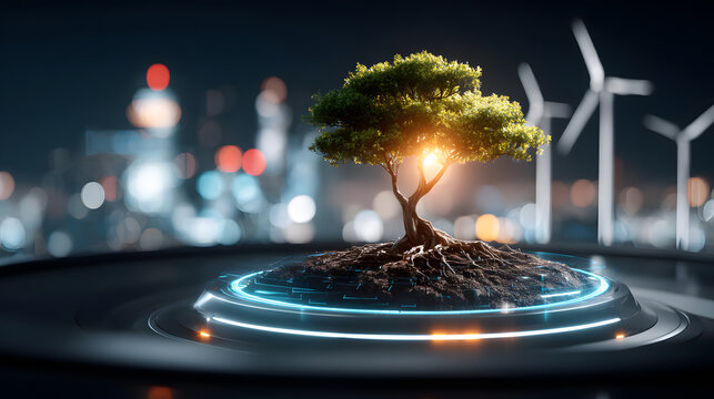 Small illuminated tree with exposed roots on futuristic platform symbolizing sustainable urban energy and green technology at night