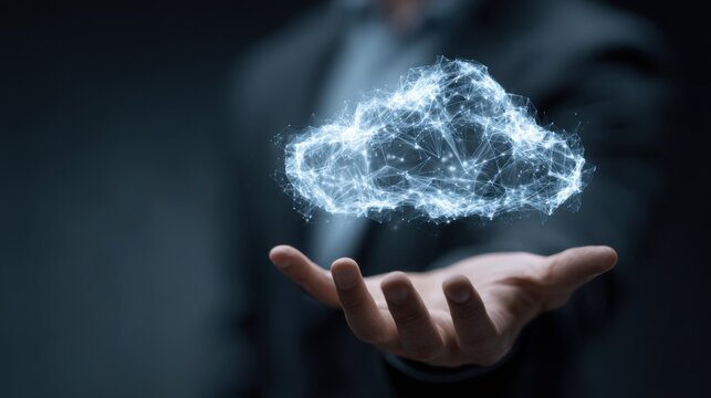 Businessman holding digital cloud network in hand