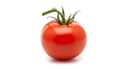 Single ripe red tomato with green stem isolated on white background