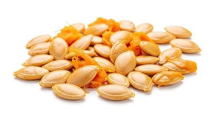 Pile of pumpkin seeds and pulp isolated on white background