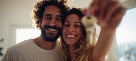 Joyful Couple Celebrating First Home Purchase with Keys in Focus
