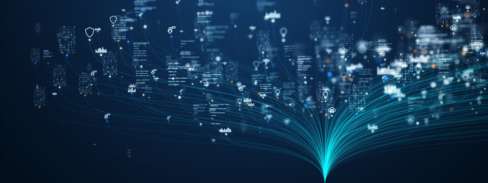 AI analytics background, big data visualization, machine-learning insights, cyber data intelligence, digital processing flow, global data network, predictive analytics, neural data visualization.