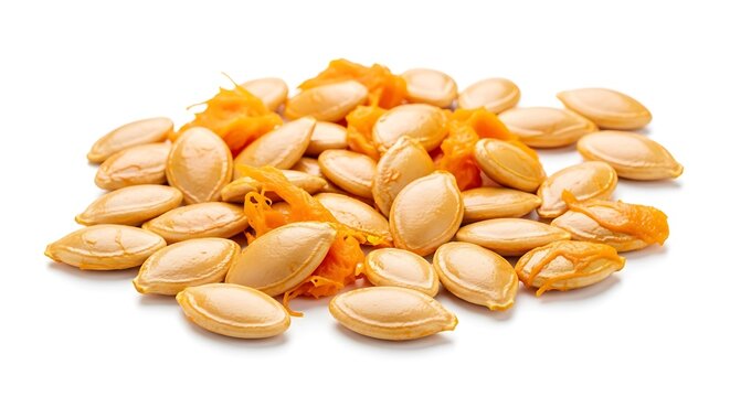 Pile of pumpkin seeds and pulp isolated on white background - Powered by Adobe