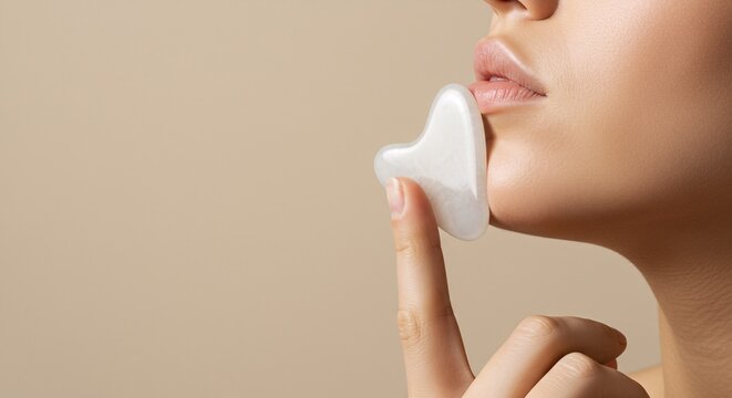 Beautiful woman using white gua sha stone for facial massage on chin, close up of skin care beauty routine and anti-aging treatment concept on beige background