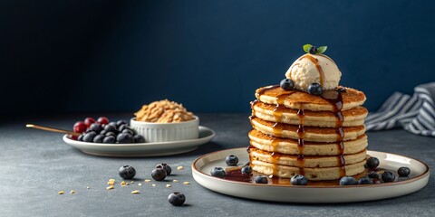 A stack of pancakes with syrup and blueberries topped with ice cream on a plate
