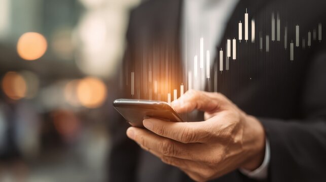 Businessman uses smartphone with digital stock market graph