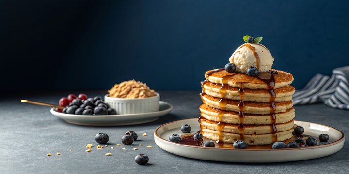 A stack of pancakes with syrup and blueberries topped with ice cream on a plate - Powered by Adobe