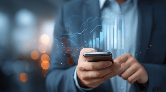Businessman using mobile phone with digital financial chart