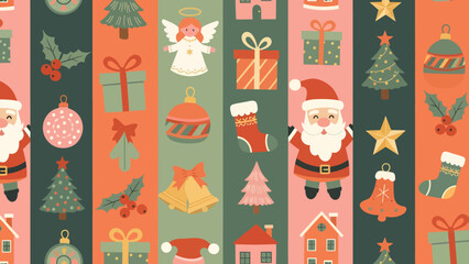 A festive seamless pattern featuring various Christmas elements like Santa Claus, trees, gifts, and ornaments on colorful vertical stripes.