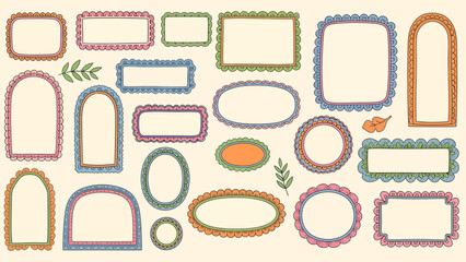 Collection of decorative frames with scalloped edges in various shapes and colors on a beige background.