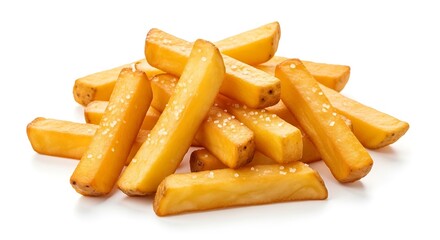 Pile of golden french fries isolated on white background