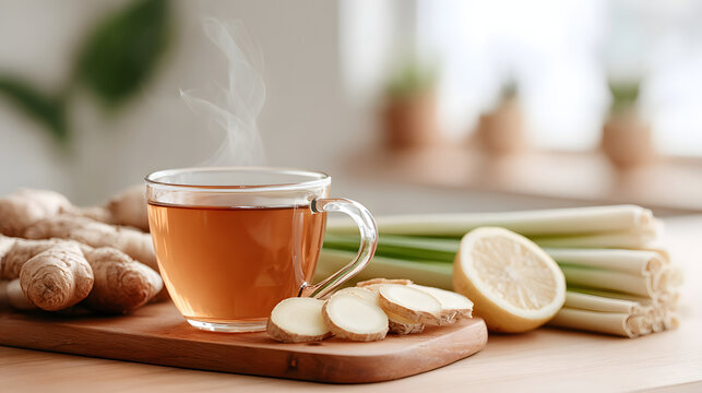 Fresh ginger tea with sliced ginger, lemongrass stalk and lemon on wooden board, warm aromatic beverage and steam - Powered by Adobe