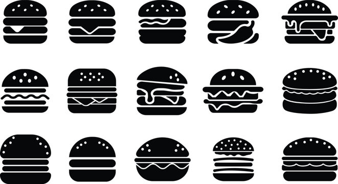 Burger fast food icon set collection group in black flat style featuring sandwich, hamburger, cheeseburger, snack, meal, cuisine, deli, and food related synonym elements for restaurant branding