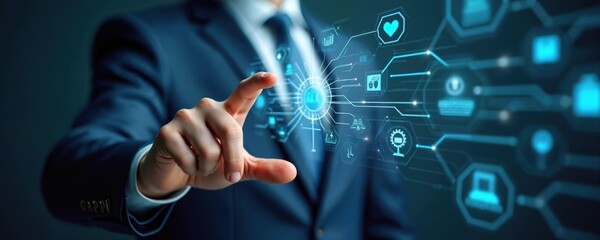 Businessman points at glowing virtual screen displaying RPA. Digital network shows various tech icons, indicating data flow. Man interacts with advanced tech, representing business process