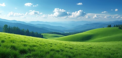 Vast green hills stretch to the horizon. Rich meadows meet a blue sky with clouds. Mountain range in the distance is covered with forest. Serene environment for travel vacation.