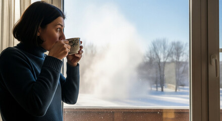 Woman Enjoys Hot Drink while Watching Winter Scenery
A contemplative, horizontal shot of a young woman standing indoors by a large window, enjoying a hot beverage in a patterned mug
