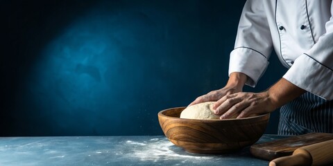 Chef kneading dough in wooden bowl on floured surface against dark blue background