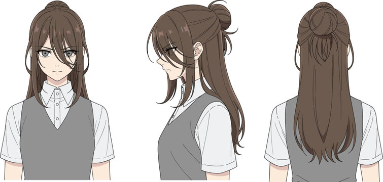 Anime character design sheet, front view, side view, back view, brown hair, white shirt, gray vest, illustration reference, modeling