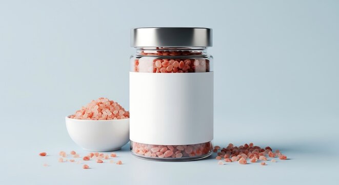 Elegant blank label on Himalayan pink salt jar with bowl, ready for your gourmet brand's culinary seasoning or natural wellness product promotion
