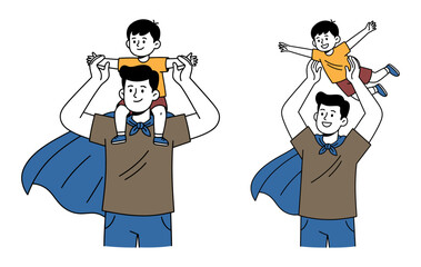 Father playing with son in superhero costume, dad carrying child on shoulders and lifting kid in joyful family bonding moments. flat vector illustration
