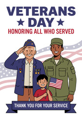 Veterans Day celebration illustration honoring all who served with military veteran soldier child holding American flag and thank you message. flat vector illustration