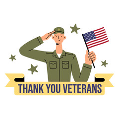 Veterans Day appreciation design featuring soldier saluting with American flag and thank you veterans banner for honoring military heroes. flat vector illustration